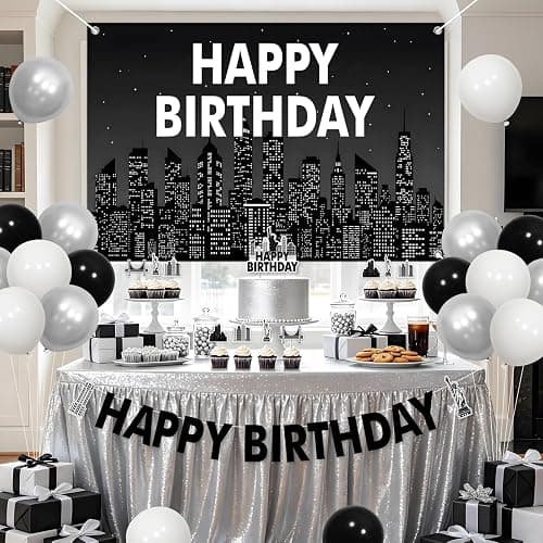 Cheerupp Black New York City Skyline Theme Birthday Decorations Set | Black NYC Skyline City Themed, NYC Skyscraper Design, Backdrop, Banner, Cake Cupcake Toppers, Balloons, for Bday Party thumbnail 4