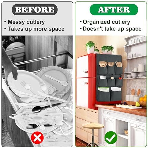 Biubee Extended Mini Fridge Caddy Organizer - 55" x 13" Back to School Dorm and Office Over the Fridge Storage Organizer with 12 Pockets for Flatware Drink Paper Goods, College Must Have, Gray thumbnail 4