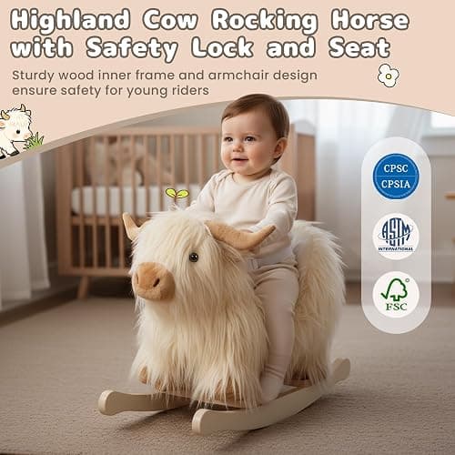 Baby Rocking Horse,Highlander Cattle Rocking Toy for 1+ Year Old Boys and Girls Rocking Horse for Kids Room Nursery Birthday Party Shower Gift Wood Animal Rocker French Design 3-Side Seat PP Cotton thumbnail 8