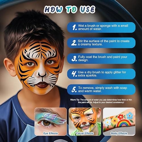 Professional Face Painting Kit for Kids – 42 Color Water-Activated Face Paint Makeup Palette with Stencils, Gems & Brushes – Non-Toxic Body Paint for Parties, Festivals, School Events & Carnival thumbnail 7