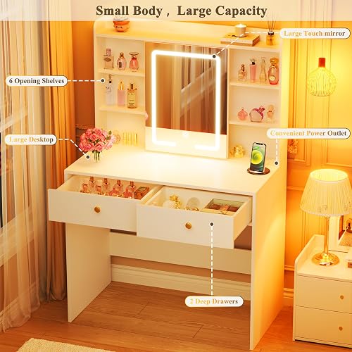 HUAHUU Vanity Desk with Mirror and Lights, 31" Makeup Vanity Desk with Lights 3 Colors, Small Vanity with 2 Storage Drawers & 6 Shelves for Girls Women Bedroom, White thumbnail 3