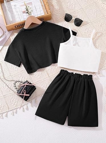 Hilinker Girls 3 Piece Summer Outfits Graphic Crop Tee and Cami Top with Shorts Set thumbnail 2