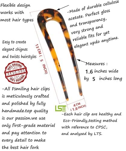 Fsmiling French Hair Pins Tortoise Shell U Shaped 2 Prong Hair Sticks Acetate Chignon Pin for Women Hairstyle Accessories 2 Pack thumbnail 3