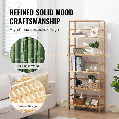 VEVOR 6-Tier Bamboo Shelf, Open Wood Bookshelf, Display Storage Rack Organizer, Freestanding Flower Plant Stand, Multifunctional Bamboo Bookshelf Ideal for Bathroom, Bedroom, Office, Study, Natural thumbnail 5