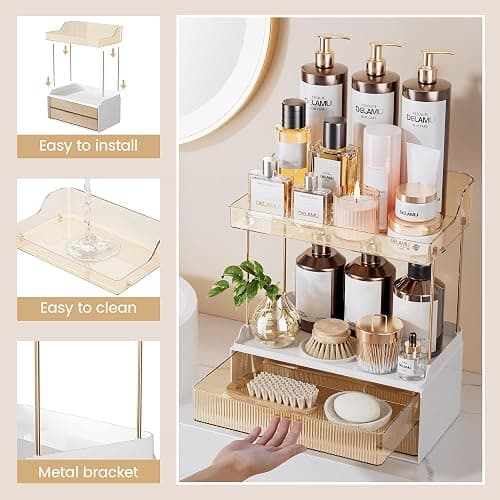 Delamu 4-Tier Makeup Organizer, Bathroom Counter Storage, 2 Drawers, Amber | Elegant Vanity Organizer Gift for Women, Holds Perfume, Skincare, Nail Polish & Hair Accessories for Bathroom Countertop thumbnail 8