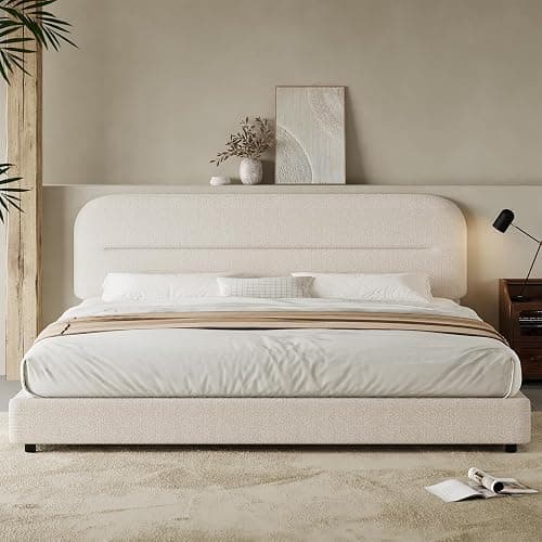 HOMBCK King Size Bed Frame, Upholstered Boucle Bed Frame King with Headboard, Soft Cloud Bed Frames with Thickened Footboard, Rounded Corners, No Box Spring Required, Easy Assembly, Cream thumbnail 3