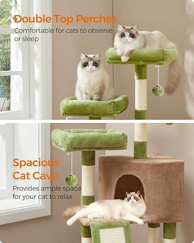 Feandrea Cat Tree, 45.3-Inch Cat Tower, Plush Condo with Scratching Post, Ramp, Perch, Spacious Cave, for Small Space, Grass Green and Camel Brown UPCT141CB03 thumbnail 4