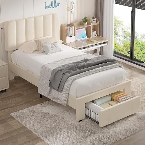 VECELO Twin Size Upholstered Bed Frame with Drawer and Headboard, Velvet Platform Storage Bedframe, Wooden Slats Support, No Box Spring Needed,Bone Beige thumbnail 5