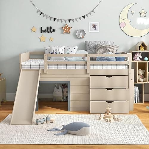 KOMFOTT Twin Low Loft Bed with 3 Storage Drawers & Underneath House, Wood Loft Bed with Slide, Ladder, Guardrails & Under-Bed Play Space, Kids Twin Loft Bed for Girls & Boys, No Box Spring Needed thumbnail 4