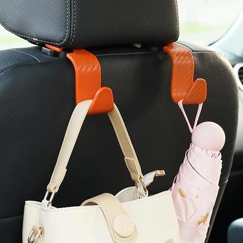 Amooca Car Seat Headrest Hook 4 Pack Hanger Universal Vehicle Car Storage Organizer for Handbag Purse Coat S Type Checkered Orange thumbnail 2