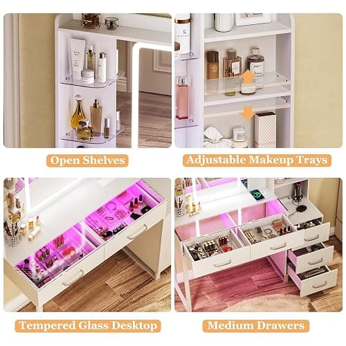 HUAHUU Vanity Desk with Mirror and LED Lights, 43" Makeup Vanity with Glass Top & Wireless Charging, Vanity with RGB Drawers, 3 Colors Light, Power Outlet Safety Switch for Bedroom, White thumbnail 5