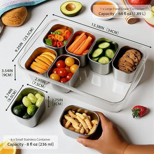 Snackle Box Container, Stainless Steel Divided Serving Tray with Lid and Handle, 8 Compartment Portable Snack Platters - Clear Storage Organizer for Fruit Candy Nuts Veggie - Perfect for Travel Party thumbnail 3