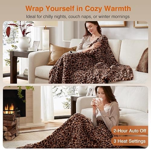 Beautyrest Long Brushed Faux Fur Ogee Textured Design Electric Blanket, Auto Shut Off, Virtually Zero EMF, Multi Heat Setting, UL Certified, Machine Washable, Leopard Throw 50x60 thumbnail 3