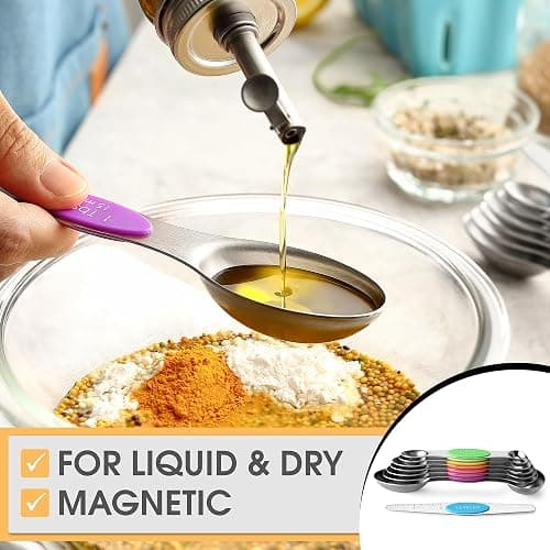 Spring Chef Stainless Steel Magnetic Measuring Spoons Set of 8 with Leveler, Nesting Metal Teaspoon & Tablespoon Measuring Spoons, Kitchen Gadgets for Baking & Cooking, Fits in Most Spice Jars - Neon thumbnail 5