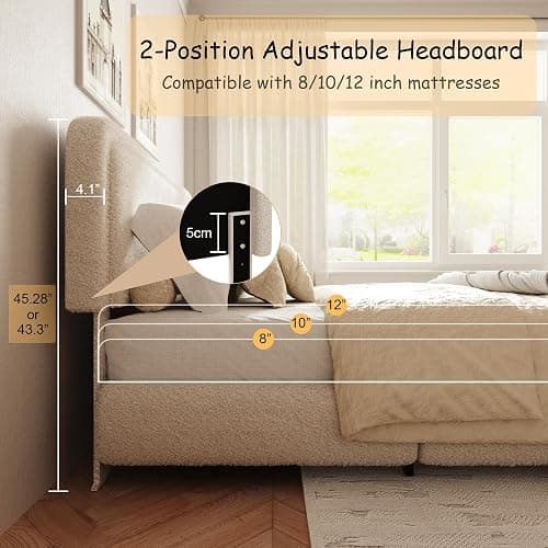 GLOLLOSPARK Queen Size Boucle Bed Frame, Upholstered Platform Bed with Height Adjustable Headboard & Soft Rounded Corners, Noise Free, Easy Assembly, No Box Spring Needed, Beige thumbnail 6