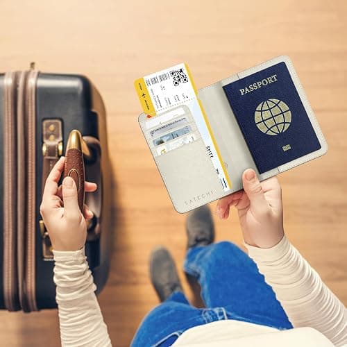 Satechi Passport Holder for Travel with Find My, Passport Cover with 4 Card Holder, Wireless Charging, and RFID protection – Travel Essential Vegan Leather Passport– Sand thumbnail 2