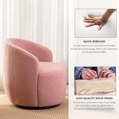 FOXHUNTER Swivel Barrel Chair, 360° Small Single Sofa Armchair Comfy Round Sofa Chair, Boucle Chairs Padded Armchair, Modern Round Accent Arm Chairs for Living Room Bedroom, Teddy Pink - Pink-teddy - One Chair thumbnail 4