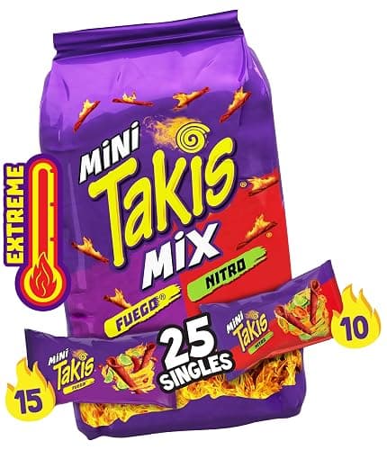 Takis Mini 25PK Bite Size Variety Pack, Assorted Flavored Mixed Rolled Tortilla Chips – (15) Fuego Mini (10) Nitro Mini - Image 1