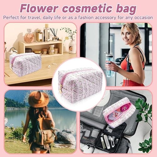 Vordpe Kosmetiktasche Blumen, Make Up Bag Aesthetic, Gesteppte Kosmetiktasche, Kosmetiktasche Rosa, Mäppchen Blumen, Kulturtasche Blumen (Rhombus) thumbnail 7