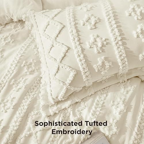 Bedsure Tufted Boho Comforter Set Queen Size - White Boho Bed Set, GentleSoft™ 3 Pieces Farmhouse-Style Embroidery Bedding, Gifts for Woman, Soft Jacquard Kids' Queen Comforter for All Seasons thumbnail 5