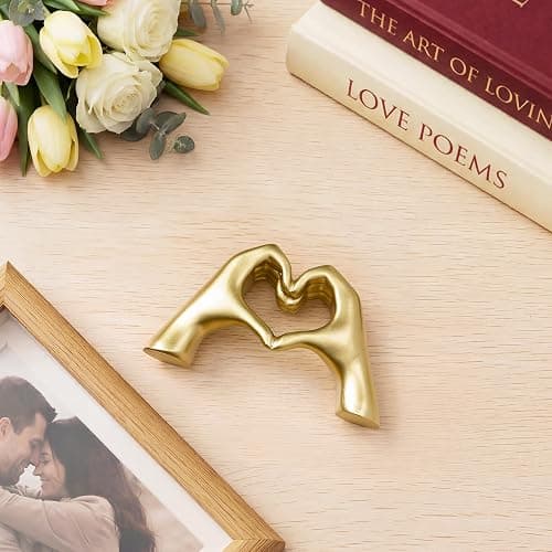 Gold Decor Living Room - Small Shelf Decor Aesthetic - Heart Hands Sculpture - Teen Girls Bedroom Knick Knacks - Cute Home Shelves Accent - Ta (Gold, Mini) thumbnail 8