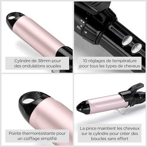 BaByliss Boucleur à pince de 38mm - Cylindre Satin Touch, 10 réglages de température, boucleur professionnel avec support de sécurité intégré, Noir et rose, C338E thumbnail 4