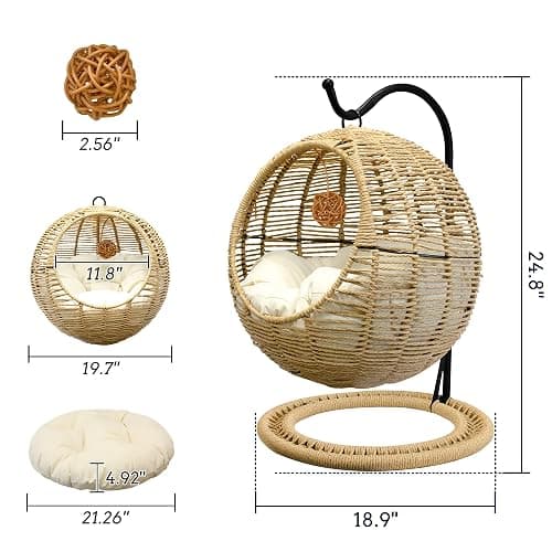 BROWN-BROWN Wicker Cat Bed Indoors & Outdoors, Hand Made Cat Swing Bed with Removable Cushion & Hanging Ball, Washable Pet Swing for Cat, Small Dog, Small Animals thumbnail 3