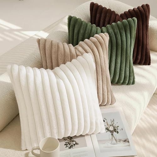 decorUhome Fall Faux Fur Throw Pillow Covers 18x18 Set of 2 Cream White | Decorative Soft Cozy Striped Plush Modern Farmhouse Boho Couch Pillow Cases Velvet Back for Sofa Bed Living Room Home Decor thumbnail 7