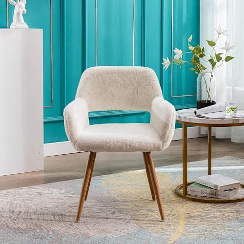 KCC Furry Desk Chair, Mid-Century Modern Accent Comfy Armchair with Faux Fur for Teen Girls, Wood Look Metal Legs Living Dining Room, Home Vanity Makeup Office No Wheel, White. thumbnail 5
