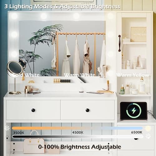 35.4” Makeup Vanity Desk with Charging Station, White Makeup Dressing Table with Mirror & Lights, 3 Lighting Modes Adjustable Brightness, Vanity Table with Power Outlet & 5 Drawers Round Handle thumbnail 7