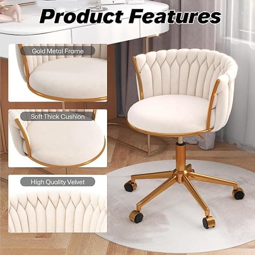 HENGJIANYI Velvet Woven Home Office Chair, Modern Swivel Desk Chair with Wheels, Height Adjustable Vanity Chair with Gold Metal Base and Hand Weaving Back, Beige thumbnail 4