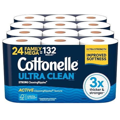 Cottonelle Ultra Clean Toilet Paper with Active CleaningRipples Texture, Strong Bath Tissue, 24 Family Mega Rolls = 132 Regular Rolls (4 Packs of 6) - Image 1
