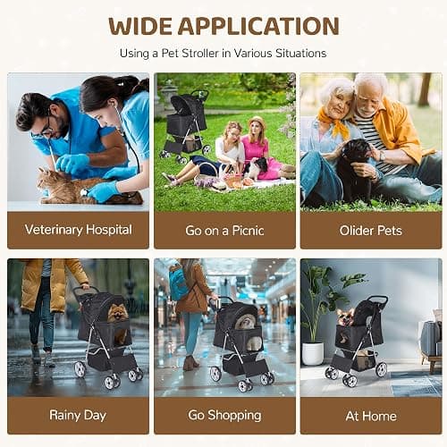 ZENY Foldable Pet Stroller, Cat/Dog Stroller with 4 Wheel, Pet Travel Carrier Strolling Cart with Storage Basket, Cup Holder (Black) thumbnail 5