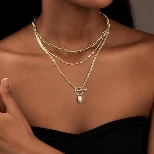 Poxtex Layered Gold Necklaces for Women,Stackable Dainty 14K Gold Silver Plated Trendy Circle Paperclip Chain Pendant Choker Necklace,Simpl Diamond Cross Bow Jewelry Set Gifts for Women thumbnail 3