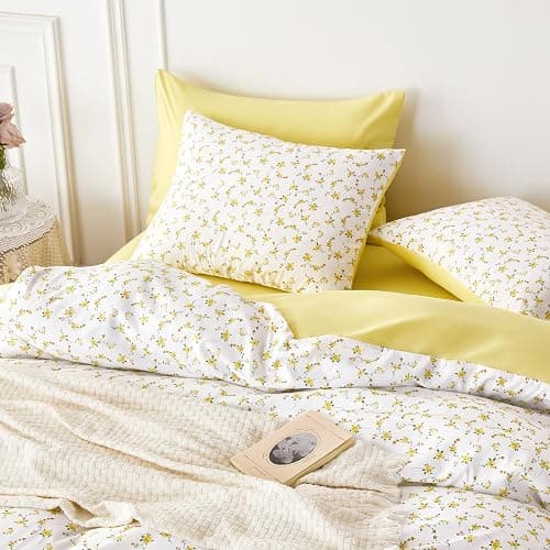 Wake In Cloud - Floral Comforter Set, Coquette Cottagecore Aesthetic Cute Flower Pattern for Women Teen Girls, Soft Lightweight Dorm Bedding, 3 Pieces, Yellow White, Queen Size thumbnail 6