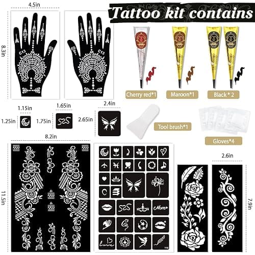 InkForge Temporary Stencils Tattoos Kit, 4 Pcs Tattoo Cones 3 Color (2 Black 1 Maroon 1 Cherry Red) with Gloves Brush Tool,DIY Body Art Skin Painting Designs for Women Men Kids Party Gifts thumbnail 2