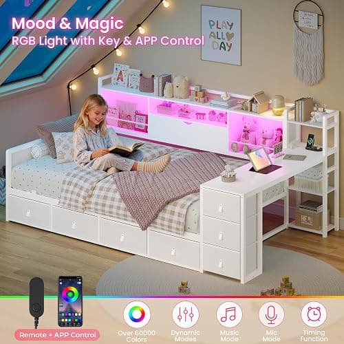 ADORNEVE Twin Corner Bed Frame with 7 Drawers, Desk & Bookcase Storage, Metal Platform Daybed with Charging Station and RGB Lights, for Kids Bedroom, No Box Spring Needed, White thumbnail 8