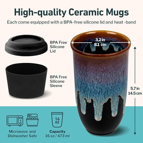 NOVA CERAMICS Coffee Tumbler – Travel Mug - On the Go Coffee Mug – Microwave & Dishwasher Safe Green Coffee Tumbler - Gifts For Women Men Him Her – 16oz – Monsoon thumbnail 2