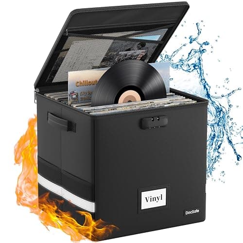 DocSafe Vinyl Record Storage Box with Lock,Fireproof&Water Resistant Record Organizer Storage for 100+ Single Records(12-inch),Collapsible Storage Crate with Lid&Handles for Valuable Album Collection - Image 1