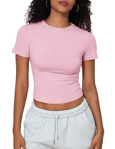 PrettyGuide Women's Crew Neck Short Sleeve Summer Basic Tee Tight Fit Cotton Jersey T Shirt Y2K Going Out Tops thumbnail 9