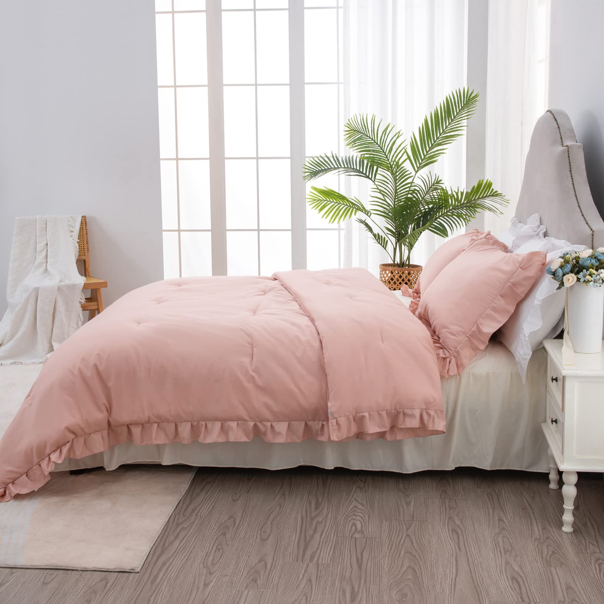 Litanika Blush Pink Ruffle King Bed Comforter Set, 3 Pieces Girls Women Cute Bedding Comforters & Sets, Lightweight Fluffy Microfiber Down Alternative (104x90In Comforter & 2 Pillowcases) - King (104"x90") - Blush Pink thumbnail 7