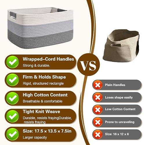 2 Pack Large Storage Basket for Organizing, 17.5"x13.5"x7.5" Woven Basket for Shelves, Closet Cube Storage Bins with Wrapped Handle, Cotton Rope Baskets for Kitchen, Clothes, Toys(Gradient Grey) thumbnail 5