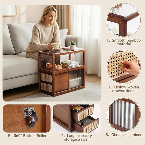 Tiita Rattan Nightstand Side Table, Bamboo Accent Bedside Tables, Glass Coffee Tables, Boho Wooden End Table with Storage for Small Space, Living Room and Bedroom thumbnail 4