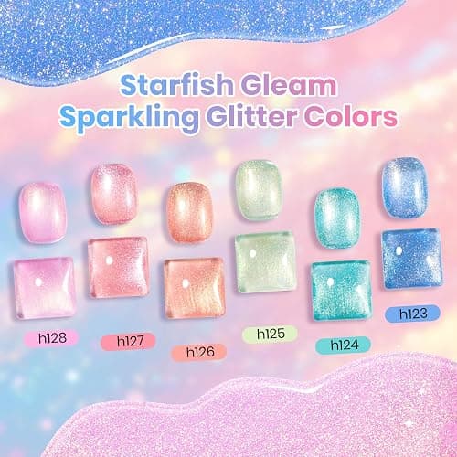 Beetles Glitter Gel Nail Polish Set, Starfish Gleam Summer Pastel Sparkly Gel Polish Set, 6 Colors Blue Pink Nude Shimmer Soak Off Uv Gel Nail Polish for DIY Nail Art Salon Gifts for Women thumbnail 8