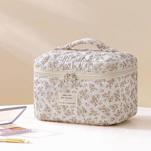 HBselect Quilted Makeup Bag, 3PCS Cotton Large Travel Makeup Bag, Cute Floral Coquette Make up Bag Cosmetic Bag Toiletry Bag for Women Girls thumbnail 5