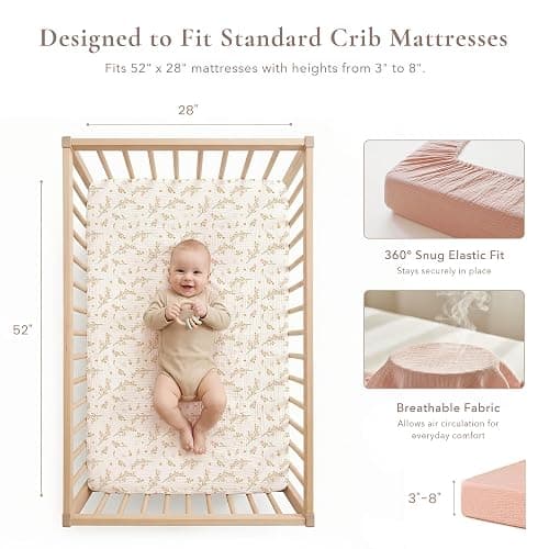 Konssy Muslin Crib Sheets for Girl Boy, 2 PCS Soft and Breathable Cotton Baby Sheets for Standard Crib Mattress, 52"x 28" (Floral, Pink) thumbnail 2