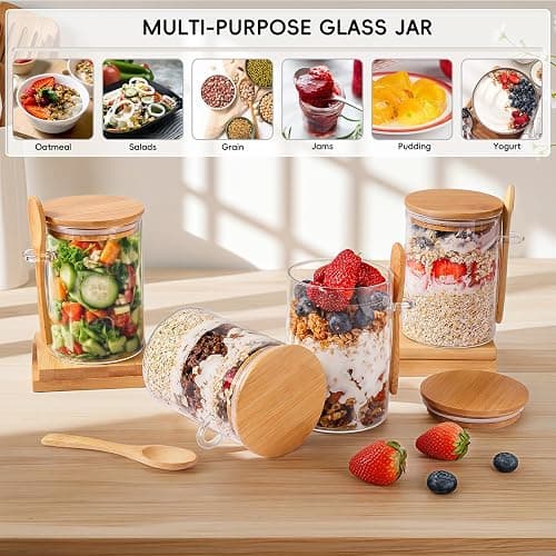 MHDCLY Overnight Oats Containers with Lids,16oz Overnight Oats Jars 4 Pack, Oatmeal Cups,Meal Prep Containers,Glass Meal Prep Containers with Lids,China Pudding Jars thumbnail 5