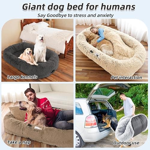 Human Dog Bed, 71''x45''x12'' Size Fits You and Pets, Washable Faux Fur Pet Bed for People Doze Off, Napping Orthopedic Dog Bed, Present Plump Pillow, Blanket, Strap - Beige thumbnail 6