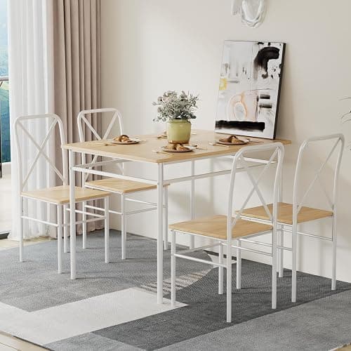 VECELO Dining Table Set for 4, 5-Piece Wood Kitchen Table with Chairs for Small Space, Breakfast Nook, Space-Saving, Natural White thumbnail 7