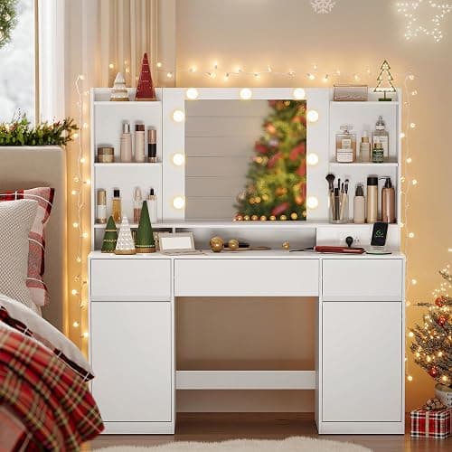 VASAGLE Kailyn Collection - Vanity Desk with Mirror and 9 LED Bulbs, Vanity Makeup Table with Power Outlets, Dressing Table with 2 Cabinets, for Bedroom, Cloud White URDT142WB01S - Image 1